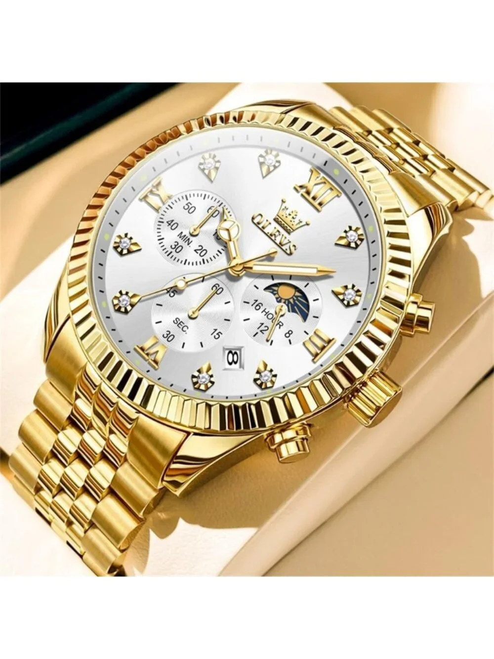Men's White Gold Diamond Stainless Steel Waterproof Roman Numbers Classic Watch